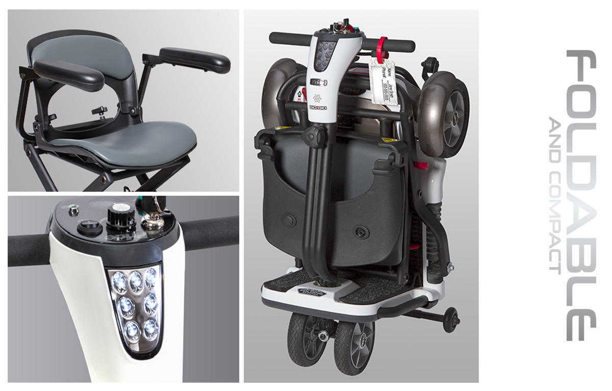 Pride Mobility – Go-Go Folding Scooter Customer testing the lightest folding mobility scooter inside a showroom, guided by a Mobility Pride specialist to ensure the best mobility experience possible